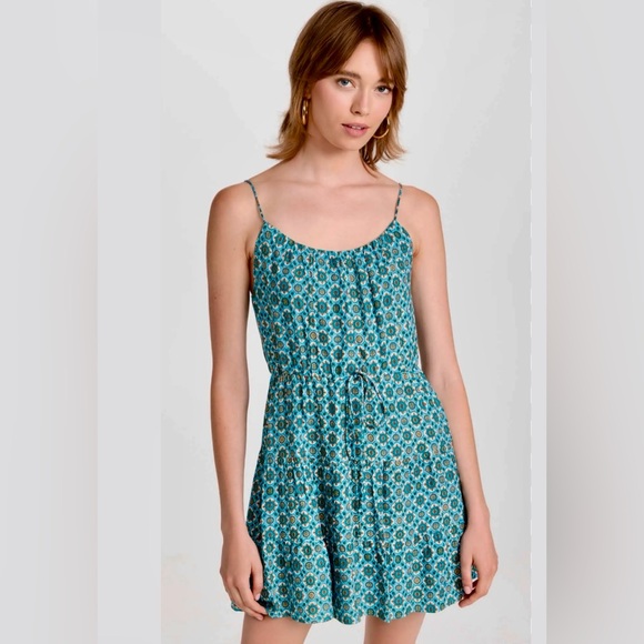Alice + Olivia Sleeveless Strappy Cheyla Mini Skater Sun Dress In Turquoise Geo - Picture 1 of 12